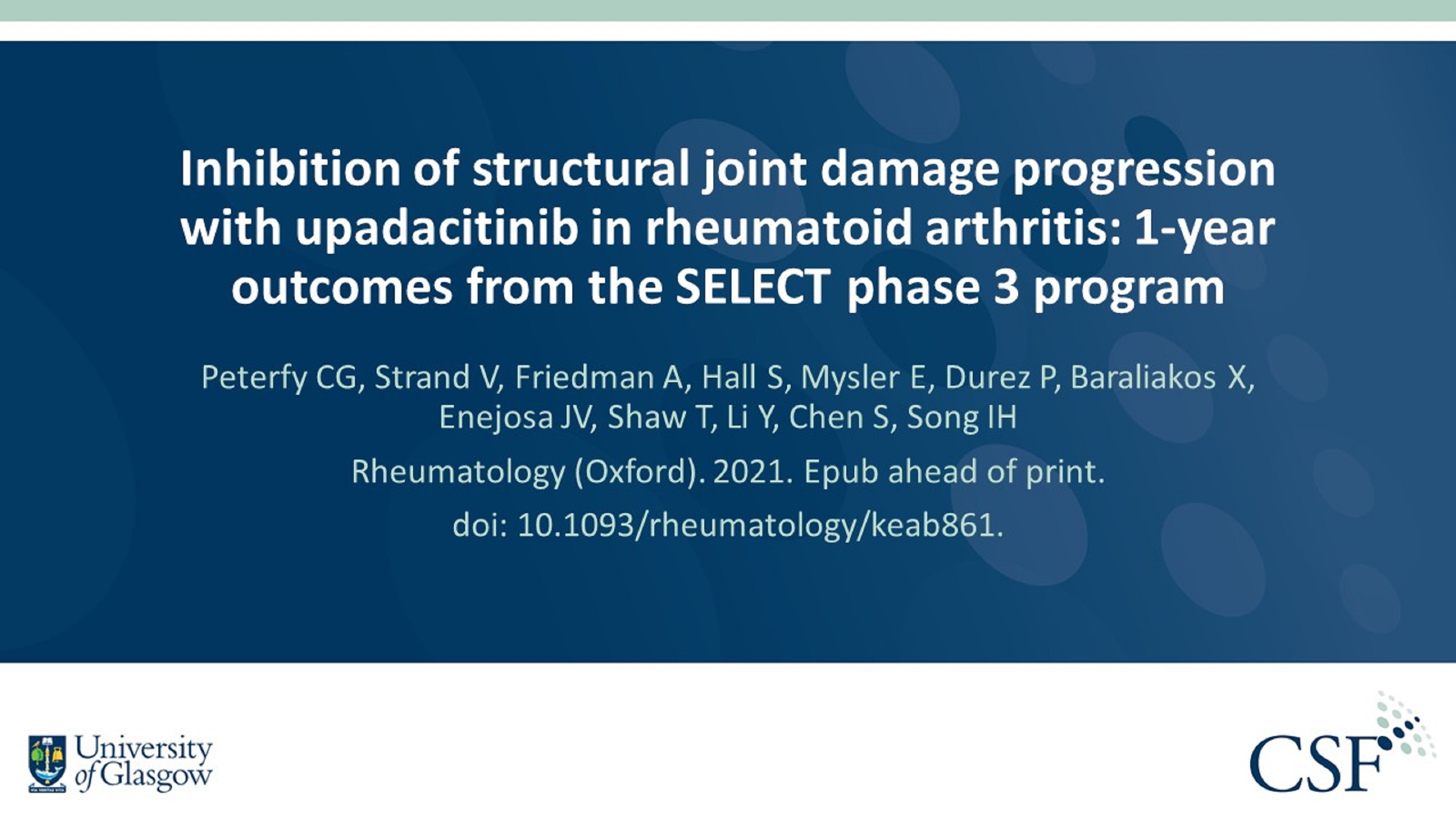 Publication thumbnail: Inhibition of structural joint damage progression with upadacitinib in rheumatoid arthritis: 1-year outcomes from the SELECT phase 3 program
