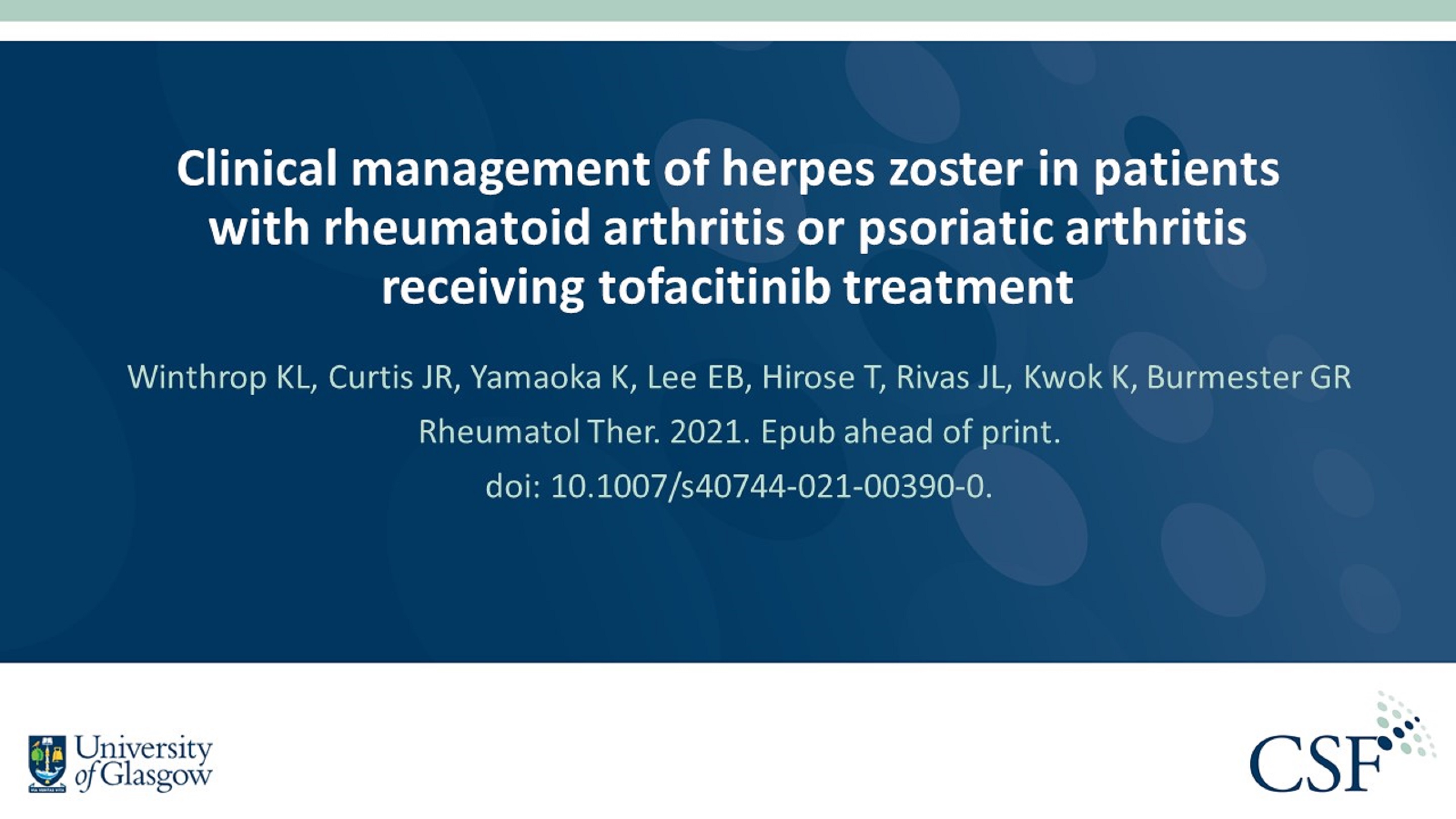Publication thumbnail: Clinical Management of Herpes Zoster in Patients With Rheumatoid Arthritis or Psoriatic Arthritis Receiving Tofacitinib Treatment