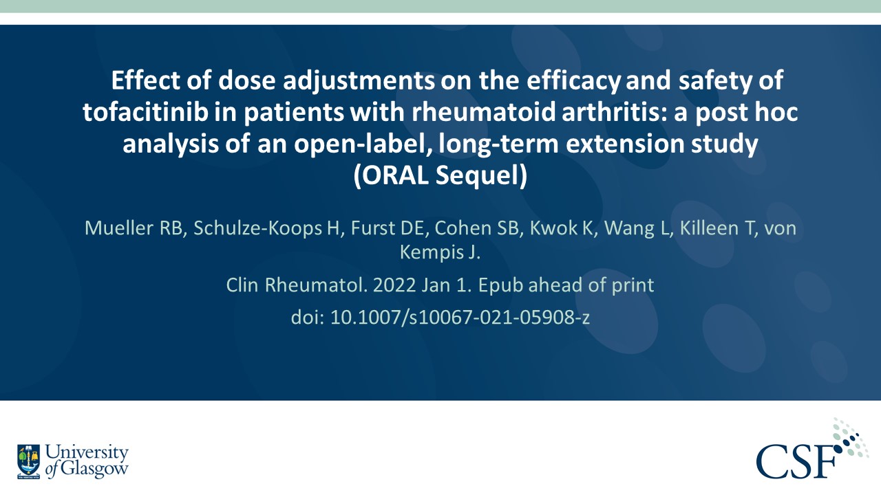 Publication thumbnail: Effect of dose adjustments on the efficacy and safety of tofacitinib in patients with rheumatoid arthritis: a post hoc analysis of an open-label, long-term extension study (ORAL Sequel)