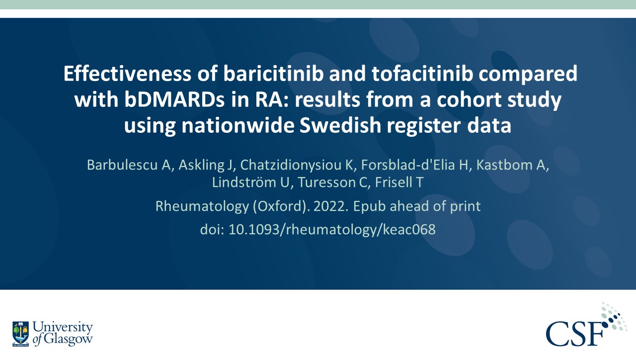 Publication thumbnail: Effectiveness of baricitinib and tofacitinib compared with bDMARDs in RA: results from a cohort study using nationwide Swedish register data