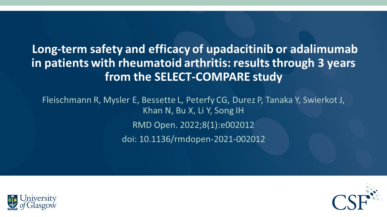 Publication thumbnail: Long-term safety and efficacy of upadacitinib or adalimumab in patients with rheumatoid arthritis: results through 3 years from the SELECT-COMPARE study