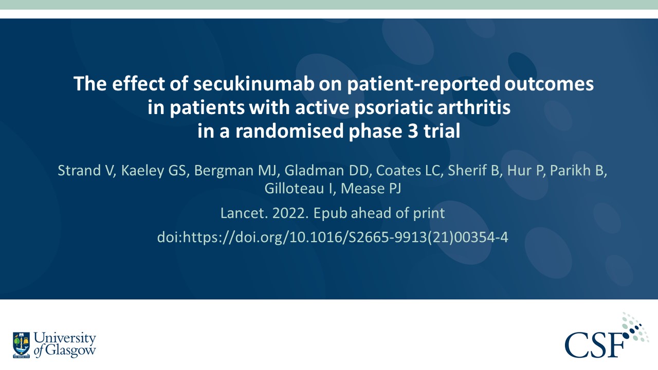 Publication thumbnail: The effect of secukinumab on patient-reported outcomes in patients with active psoriatic arthritis  in a randomised phase 3 trial