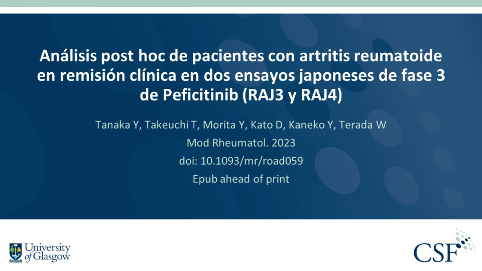 Publication thumbnail: Análisis post hoc de pacientes con artritis reumatoide en remisión clínica en dos ensayos japoneses de fase 3 de Peficitinib (RAJ3 y RAJ4)