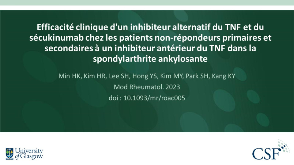 Publication thumbnail: Efficacité clinique d'un inhibiteur alternatif du TNF et du sécukinumab chez les patients non-répondeurs primaires et secondaires à un inhibiteur antérieur du TNF dans la spondylarthrite ankylosante