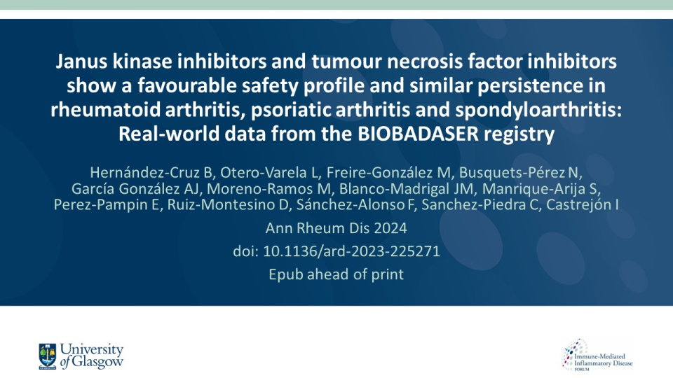 Publication thumbnail: Janus kinase inhibitors and tumour necrosis factor inhibitors show a favourable safety profile and similar persistence in rheumatoid arthritis, psoriatic arthritis and spondyloarthritis: Real-world data from the BIOBADASER registry