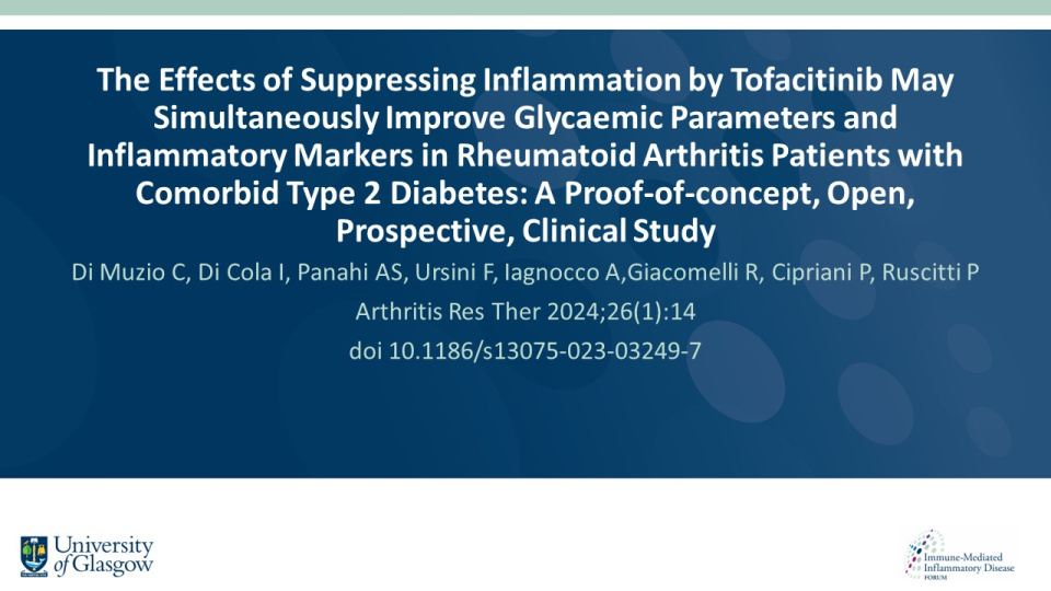 Publication thumbnail: The effects of suppressing inflammation by tofacitinib may simultaneously improve glycaemic parameters and inflammatory markers in rheumatoid arthritis patients with comorbid type 2 diabetes: a proof‑of‑concept, open, prospective, clinical study