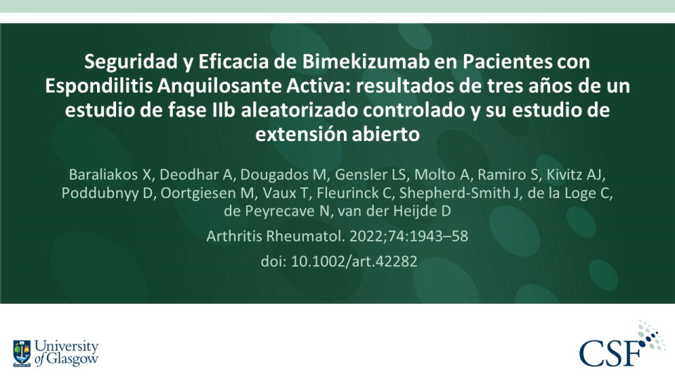 Publication thumbnail: Seguridad y Eficacia de Bimekizumab en Pacientes con Espondilitis Anquilosante Activa: resultados de tres años de un estudio de fase IIb aleatorizado controlado y su estudio de extensión abierto