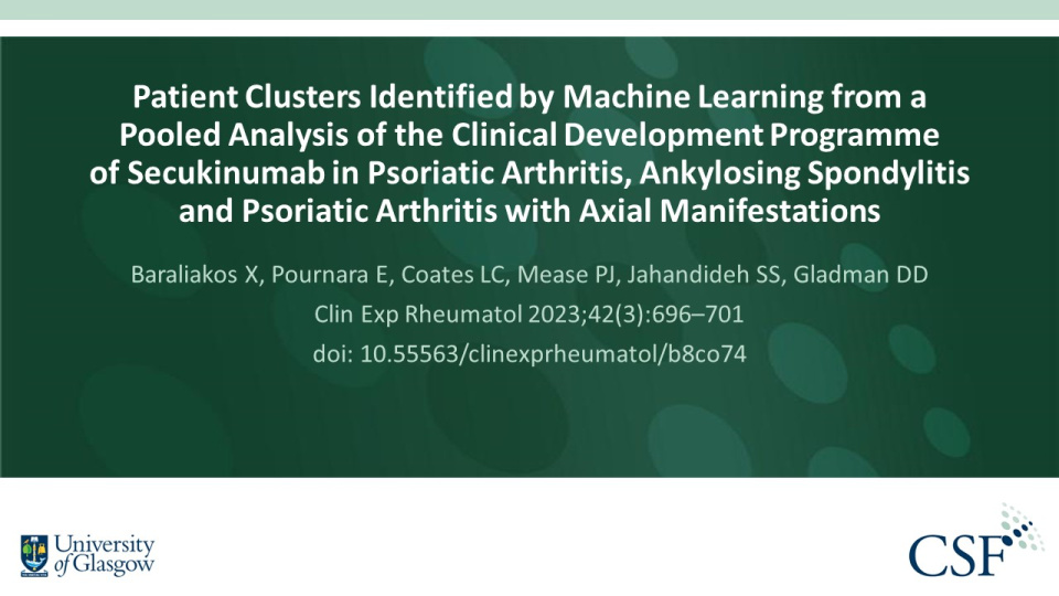 Publication thumbnail: Patient Clusters Identified by Machine Learning from a Pooled Analysis of the Clinical Development Programme of Secukinumab in Psoriatic Arthritis, Ankylosing Spondylitis and Psoriatic Arthritis with Axial Manifestations