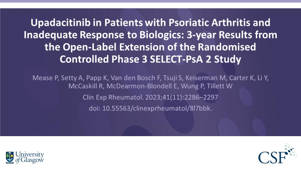 Publication thumbnail: Upadacitinib in Patients with Psoriatic Arthritis and Inadequate Response to Biologics: 3-year Results from the Open-Label Extension of the Randomised Controlled Phase 3  SELECT-PsA 2 Study