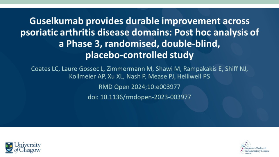 Publication thumbnail: Guselkumab provides durable improvement across psoriatic arthritis disease domains: Post hoc analysis of a Phase 3, randomised, double-blind, placebo-controlled study