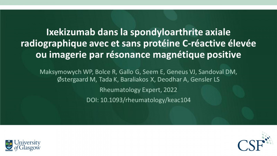 Publication thumbnail: Ixekizumab dans la spondyloarthrite axiale  radiographique avec et sans protéine C-réactive élevée  ou imagerie par résonance magnétique positive