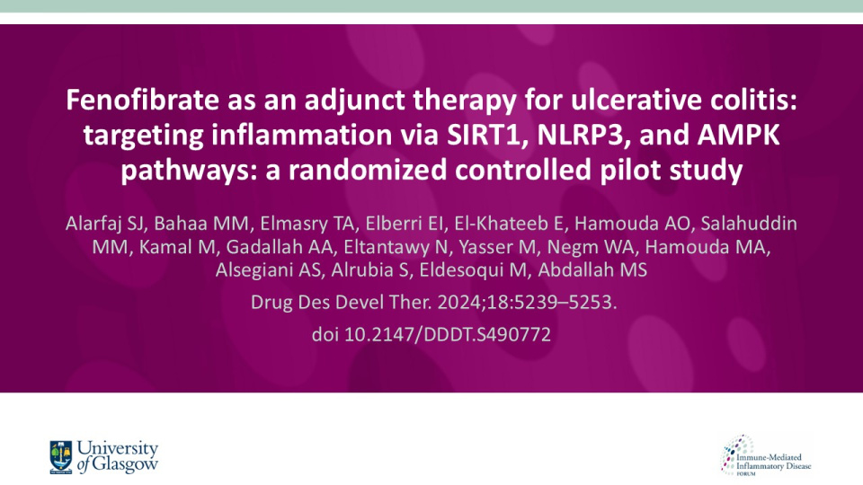 Publication thumbnail: Fenofibrate as an Adjunct Therapy for Ulcerative Colitis: Targeting Inflammation via SIRT1, NLRP3, and AMPK Pathways: A Randomized Controlled Pilot Study