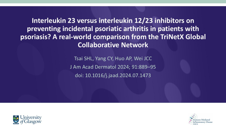 Publication thumbnail: Interleukin-23 vs. interleukin-12/23 inhibitors on preventing incidental psoriatic arthritis in patients with psoriasis? A real-world comparison from the TriNetX Global Collaborative Network