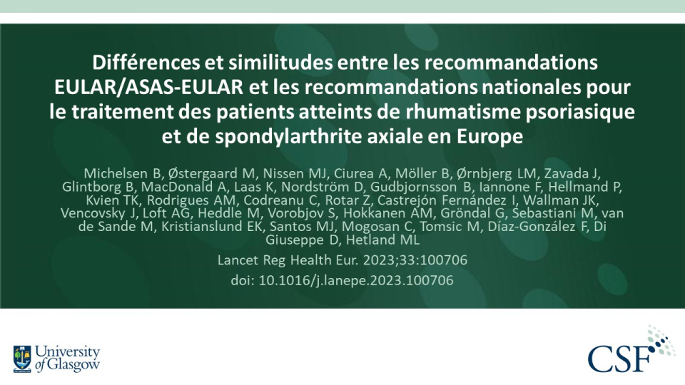 Publication thumbnail: Différences et similitudes entre les recommandations EULAR/ASAS-EULAR et les recommandations nationales pour le traitement des patients atteints de rhumatisme psoriasique et de spondylarthrite axiale en Europe