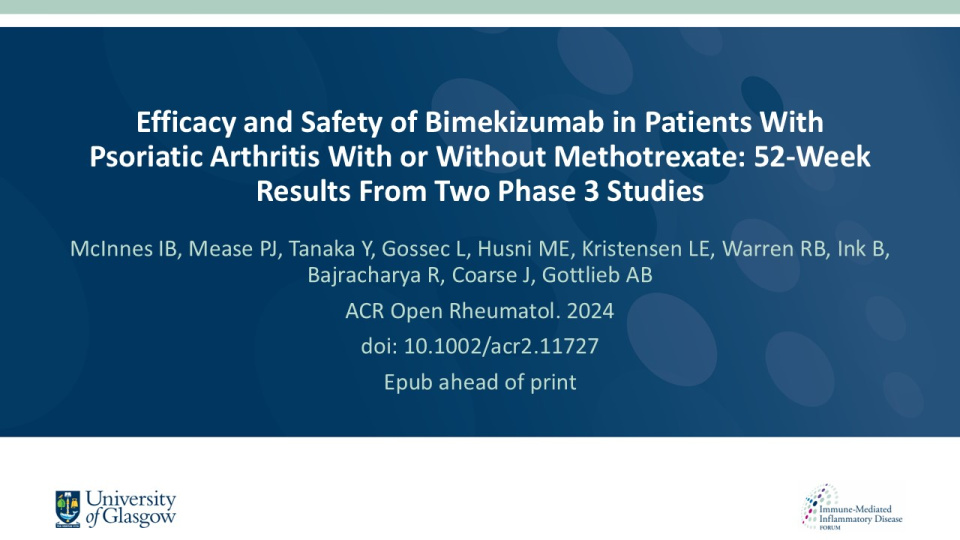 Publication thumbnail: Efficacy and Safety of Bimekizumab in Patients with Psoriatic Arthritis With or Without Methotrexate: 52-Week Results From Two Phase 3 Studies