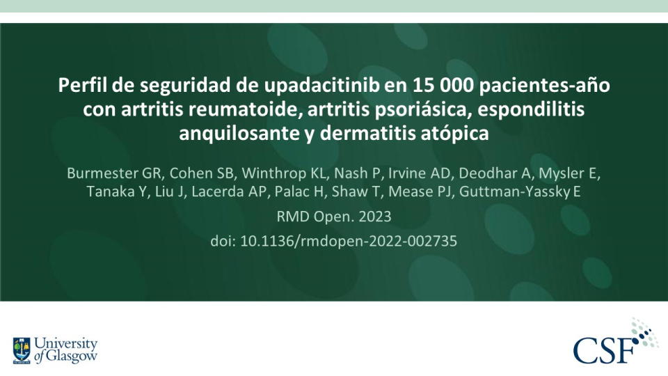 Publication thumbnail: Perfil de seguridad de upadacitinib en 15 000 pacientes-año con artritis reumatoide, artritis psoriásica, espondilitis anquilosante y dermatitis atópica