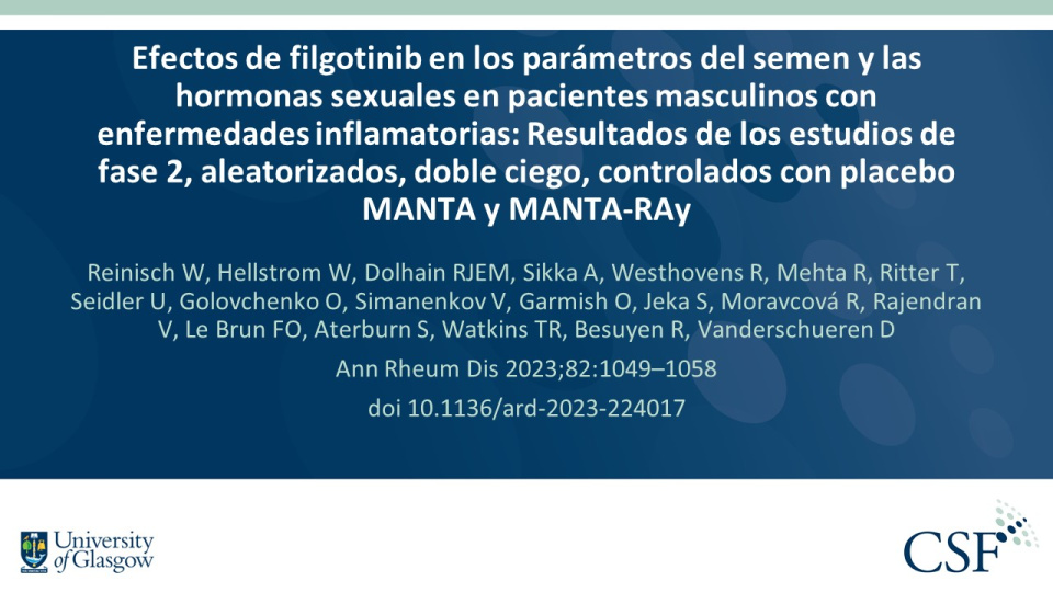 Publication thumbnail: Efectos de filgotinib en los parámetros del semen y las hormonas sexuales en pacientes masculinos con enfermedades inflamatorias: Resultados de los estudios de fase 2, aleatorizados, doble ciego, controlados con placebo MANTA y MANTA-RAy