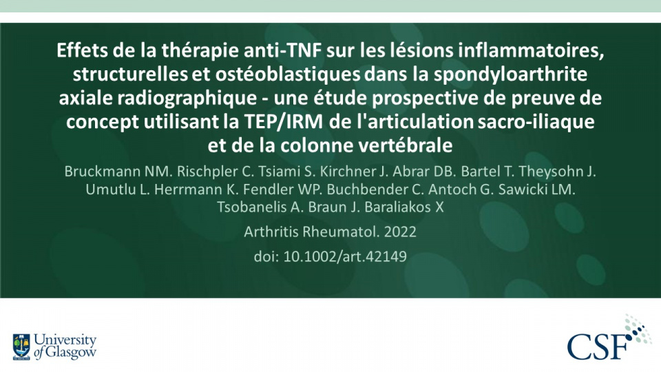 Publication thumbnail: Effets de la thérapie anti-TNF sur les lésions inflammatoires, structurelles et ostéoblastiques dans la spondyloarthrite axiale radiographique - une étude prospective de preuve de concept utilisant la TEP/IRM de l'articulation sacro-iliaque et de la colonne vertébrale