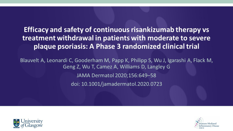 Publication thumbnail: Efficacy and safety of continuous risankizumab therapy vs treatment withdrawal in patients with moderate to severe plaque psoriasis: A Phase 3 randomized clinical trial