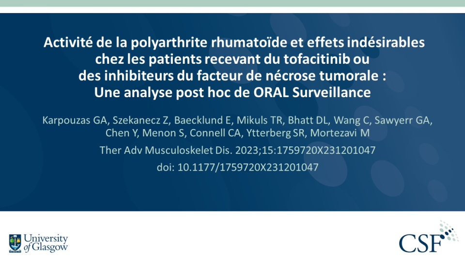 Publication thumbnail: Activité de la polyarthrite rhumatoïde et effets indésirables chez les patients recevant du tofacitinib ou des inhibiteurs du facteur de nécrose tumorale : Une analyse post hoc de ORAL Surveillance