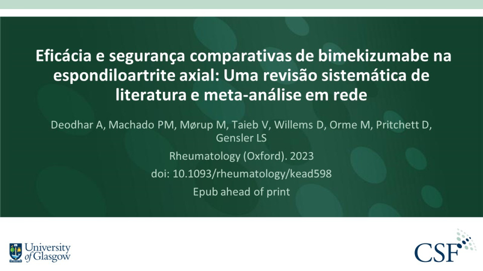 Publication thumbnail: Eficácia e segurança comparativas de bimekizumabe na espondiloartrite axial: Uma revisão sistemática de literatura e meta-análise em rede