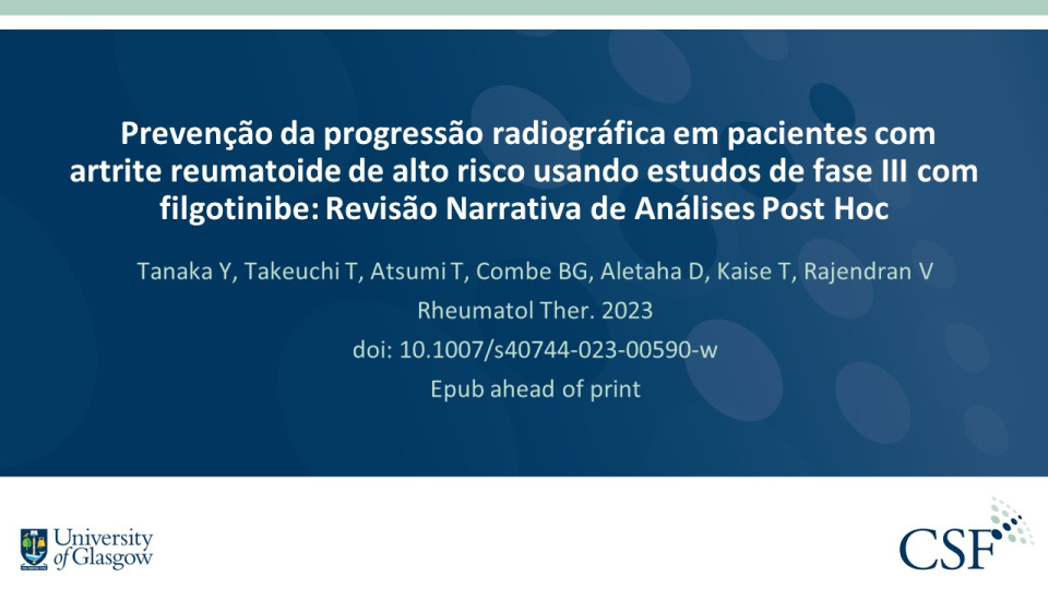 Publication thumbnail: Prevenção da progressão radiográfica em pacientes com artrite reumatoide de alto risco usando estudos de fase III com filgotinibe: Revisão Narrativa de Análises Post Hoc