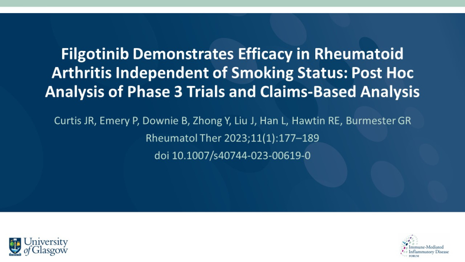 Publication thumbnail: Filgotinib Demonstrates Efficacy in Rheumatoid Arthritis Independent of Smoking Status: Post Hoc Analysis of Phase 3 Trials and Claims-Based Analysis)