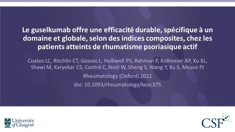 Publication thumbnail: Le guselkumab offre une efficacité durable, spécifique à un domaine et globale, selon des indices composites, chez les patients atteints de rhumatisme psoriasique actif