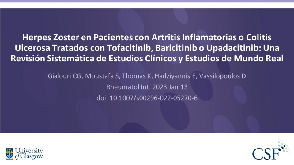 Publication thumbnail: Herpes Zoster en Pacientes con Artritis Inflamatorias o Colitis Ulcerosa Tratados con Tofacitinib, Baricitinib o Upadacitinib: Una Revisión Sistemática de Estudios Clínicos y Estudios de Mundo Real