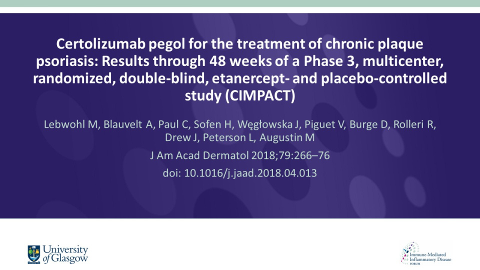 Publication thumbnail: Certolizumab pegol for the treatment of chronic plaque psoriasis: Results through 48 weeks of a Phase 3, multicenter, randomized, double-blind, etanercept- and placebo-controlled study (CIMPACT)