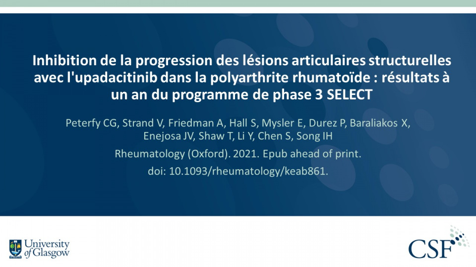 Publication thumbnail: Inhibition de la progression des lésions articulaires structurelles avec l'upadacitinib dans la polyarthrite rhumatoïde : résultats à un an du programme de phase 3 SELECT