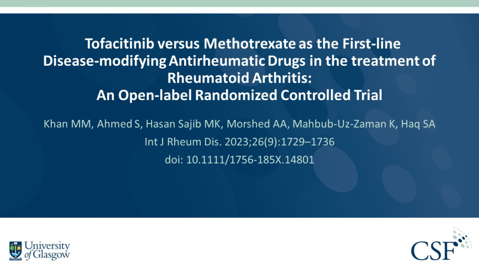 Publication thumbnail: Tofacitinib versus Methotrexate as the First-line Disease-modifying Antirheumatic Drugs in the treatment of Rheumatoid Arthritis: An Open-label Randomized Controlled Trial