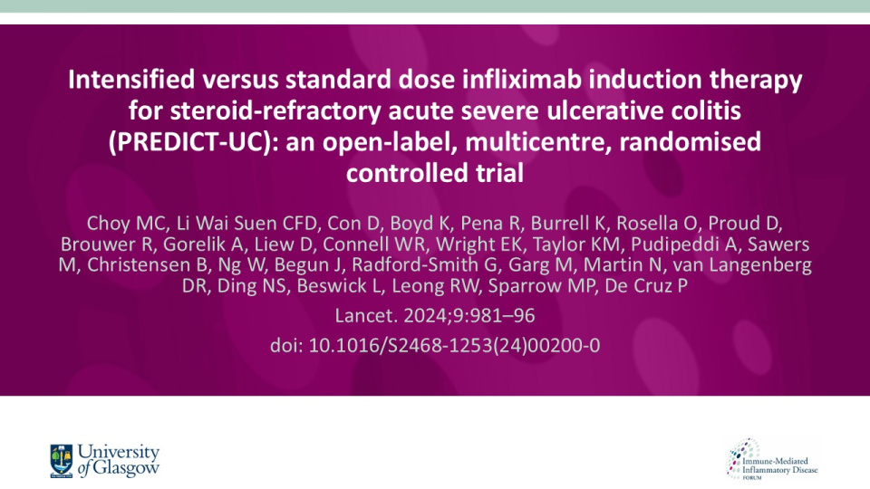 Publication thumbnail: Intensified versus standard dose infliximab induction therapy for steroid-refractory acute severe ulcerative colitis (PREDICT-UC): an open-label, multicentre, randomised controlled trial