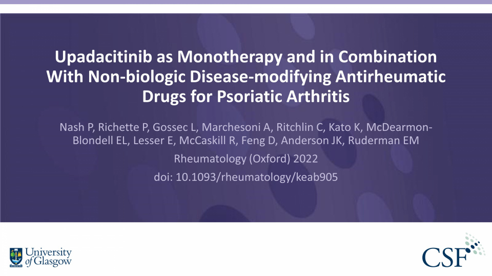 Publication thumbnail: Upadacitinib as Monotherapy and in Combination With Non-biologic Disease-modifying Antirheumatic Drugs for Psoriatic Arthritis