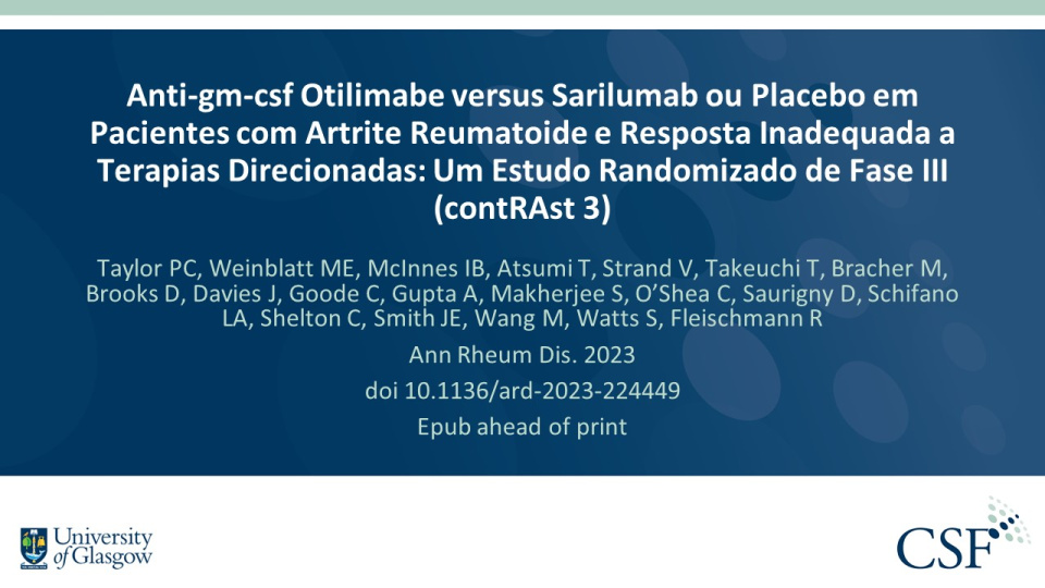 Publication thumbnail: Anti-gm-csf Otilimabe versus Sarilumab ou Placebo em Pacientes com Artrite Reumatoide e Resposta Inadequada a Terapias Direcionadas: Um Estudo Randomizado de Fase III (contRAst 3)