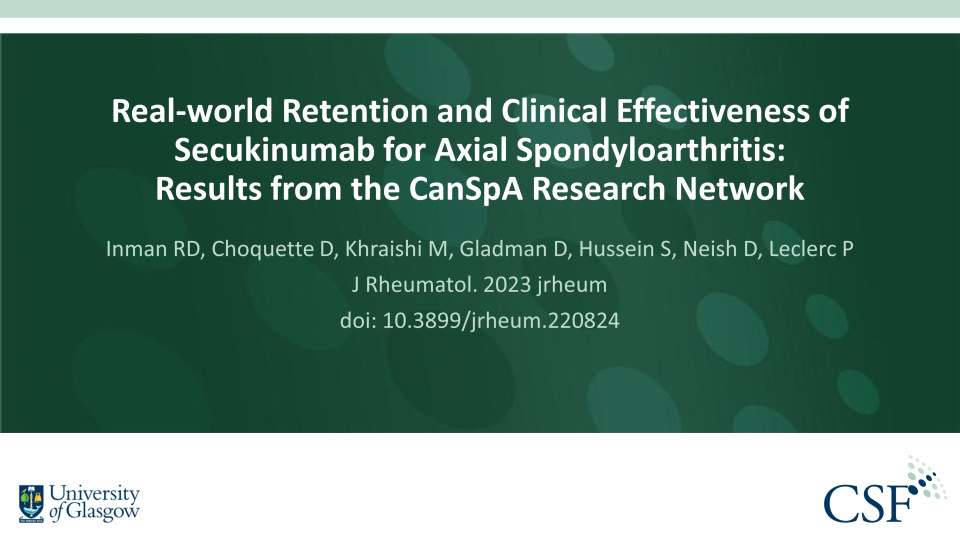 Publication thumbnail: Real-world Retention and Clinical Effectiveness of Secukinumab for Axial Spondyloarthritis: Results from the CanSpA Research Network