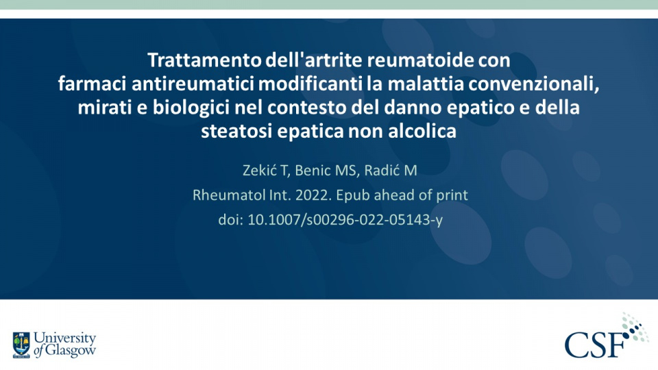 Publication thumbnail: Trattamento dell'artrite reumatoide con farmaci antireumatici modificanti la malattia convenzionali, mirati e biologici nel contesto del danno epatico e della steatosi epatica non alcolica