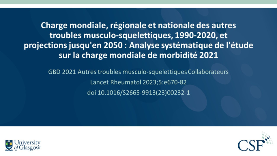 Publication thumbnail: Charge mondiale, régionale et nationale des autres troubles musculo-squelettiques, 1990-2020, et projections jusqu'en 2050 : Analyse systématique de l'étude sur la charge mondiale de morbidité 2021