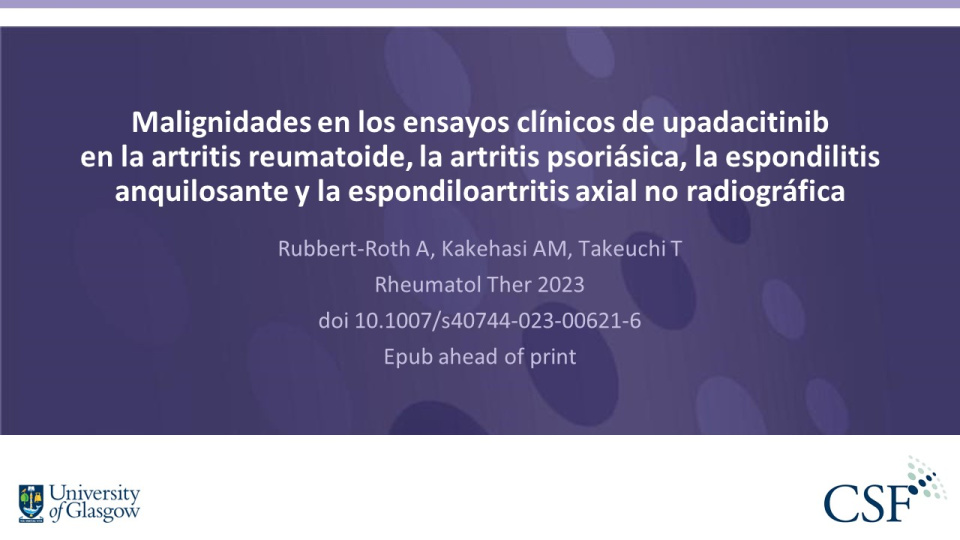 Publication thumbnail: Malignidades en los ensayos clínicos de upadacitinib  en la artritis reumatoide, la artritis psoriásica, la espondilitis anquilosante y la espondiloartritis axial no radiográfica