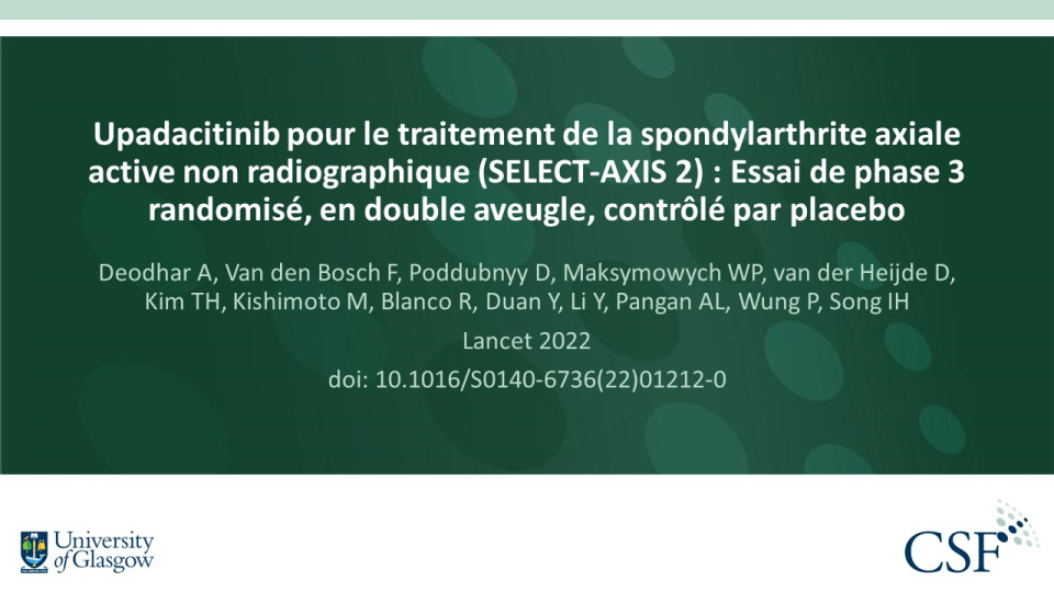 Publication thumbnail: Upadacitinib pour le traitement de la spondylarthrite axiale active non radiographique (SELECT-AXIS 2) : Essai de phase 3 randomisé, en double aveugle, contrôlé par placebo