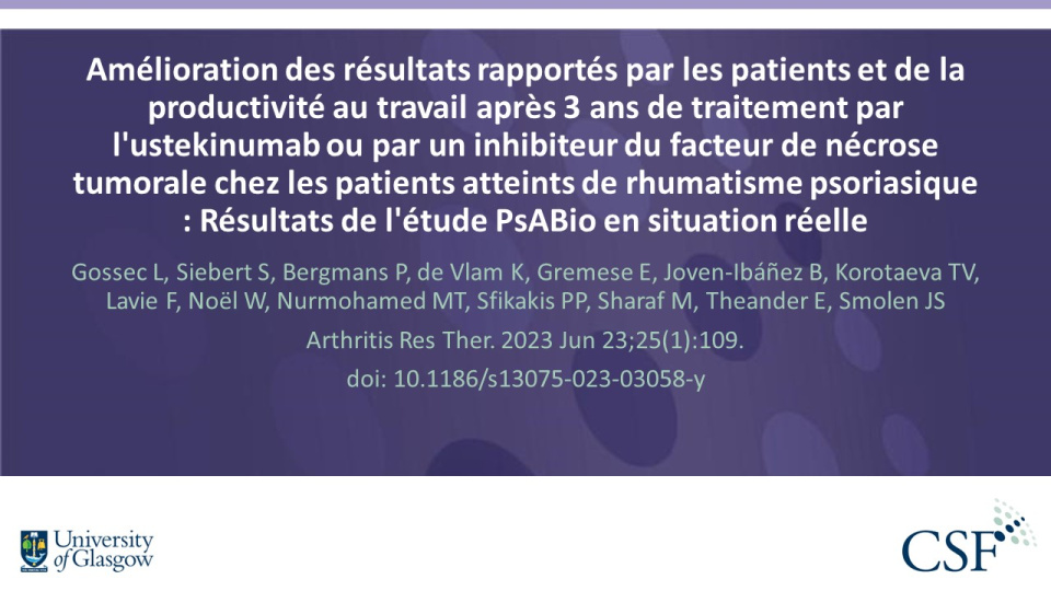 Publication thumbnail: Amélioration des résultats rapportés par les patients et de la productivité au travail après 3 ans de traitement par l'ustekinumab ou par un inhibiteur du facteur de nécrose tumorale chez les patients atteints de rhumatisme psoriasique : Résultats de l'étude PsABio en situation réelle