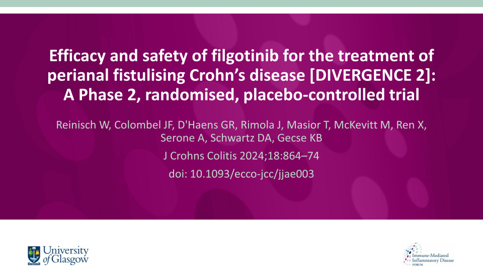 Publication thumbnail: Efficacy and safety of filgotinib for the treatment of perianal fistulising Crohn’s disease [DIVERGENCE 2]:  A Phase 2, randomised, placebo-controlled trial