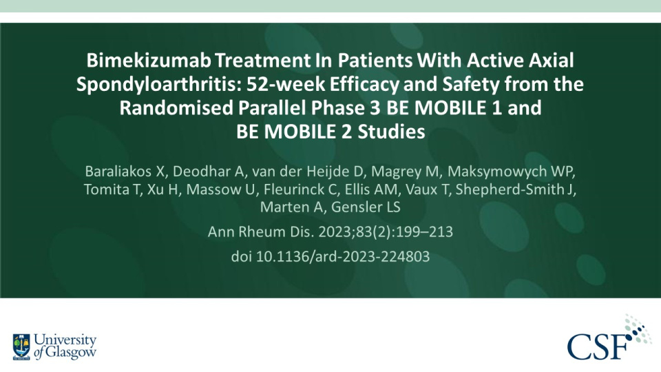 Publication thumbnail: Bimekizumab Treatment in Patients With Active Axial Spondyloarthritis: 52-week Efficacy and Safety from the Randomised Parallel Phase 3 BE MOBILE 1 and  BE MOBILE 2 Studies