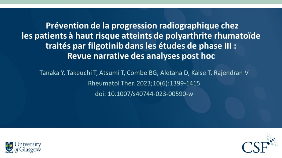 Publication thumbnail: Prévention de la progression radiographique chez les patients à haut risque atteints de polyarthrite rhumatoïde traités par filgotinib dans les études de phase III : Revue narrative des analyses post hoc