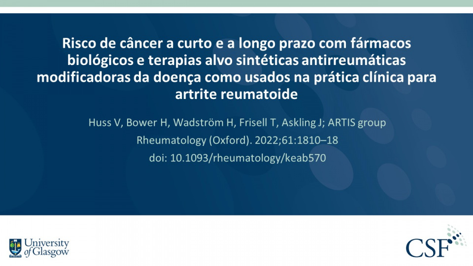 Publication thumbnail: Risco de câncer a curto e a longo prazo com fármacos biológicos e terapias alvo sintéticas antirreumáticas modificadoras da doença como usados na prática clínica para artrite reumatoide