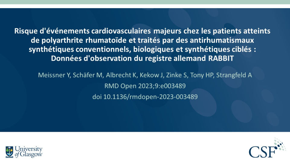 Publication thumbnail: Risque d'événements cardiovasculaires majeurs chez les patients atteints de polyarthrite rhumatoïde et traités par des antirhumatismaux synthétiques conventionnels, biologiques et synthétiques ciblés : Données d'observation du registre allemand RABBIT