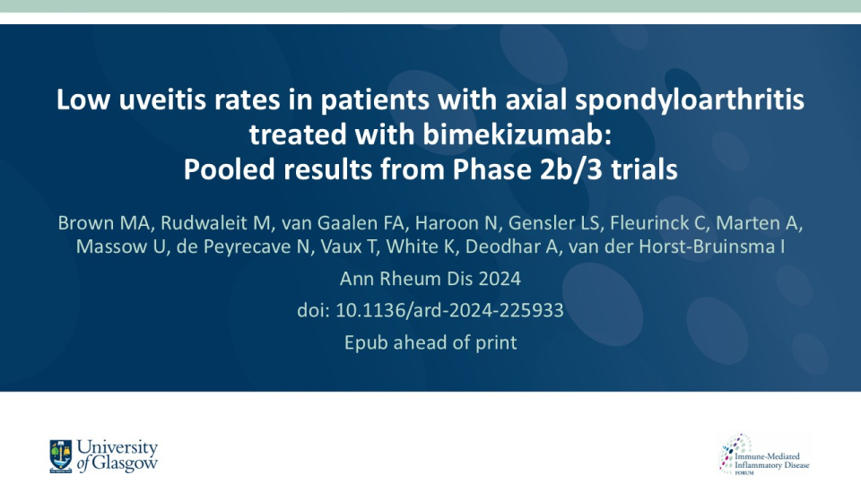 Publication thumbnail: Low uveitis rates in patients with axial spondyloarthritis treated with bimekizumab: Pooled results from Phase 2b/3 trials