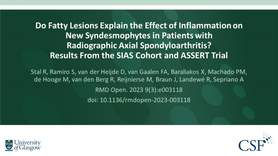 Publication thumbnail: Do Fatty Lesions Explain the Effect of Inflammation on New Syndesmophytes in Patients with Radiographic Axial Spondyloarthritis? Results From the SIAS Cohort and ASSERT Trial