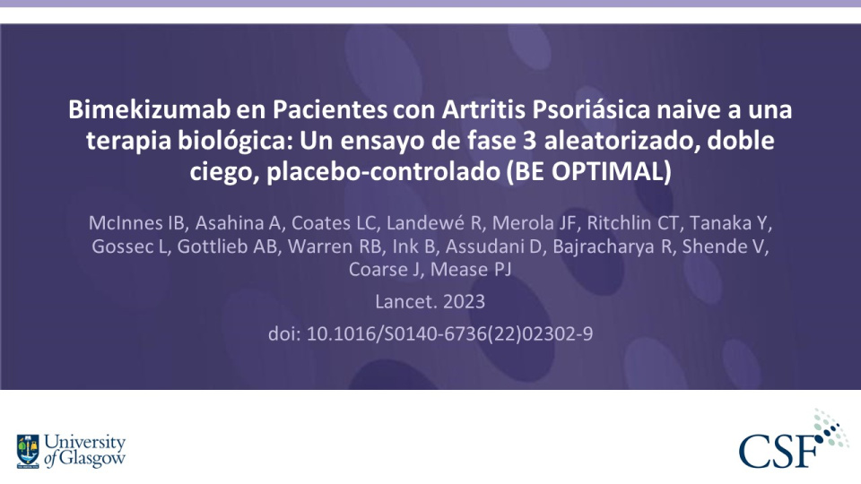 Publication thumbnail: Bimekizumab en Pacientes con Artritis Psoriásica naive a una terapia biológica: Un ensayo de fase 3 aleatorizado, doble ciego, placebo-controlado (BE OPTIMAL)