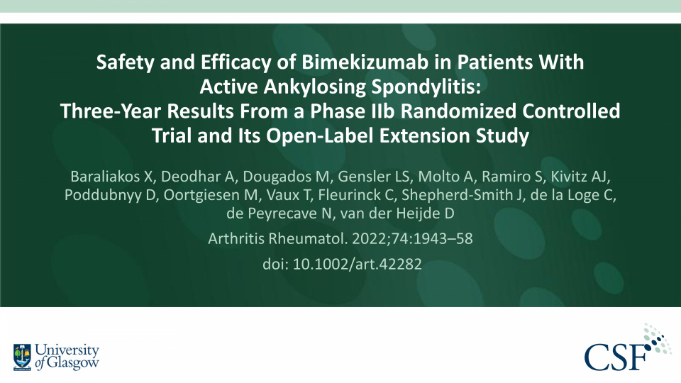 Publication thumbnail: Safety and Efficacy of Bimekizumab in Patients With Active Ankylosing Spondylitis: Three-Year Results From a Phase IIb Randomized Controlled Trial and Its Open-Label Extension Study